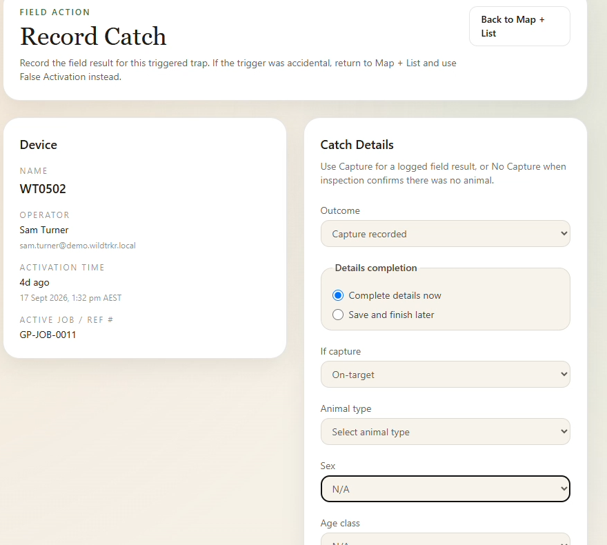 Actual Record Catch demonstration screen for WT0502, with responsible operator, job reference and outcome details
